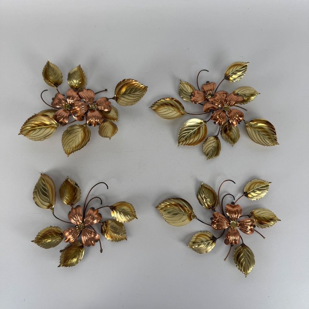 Vtg 80s Homco SET OF 4 Brass Copper Metal‎ Leaves Curved Stems Wall Table Decor
